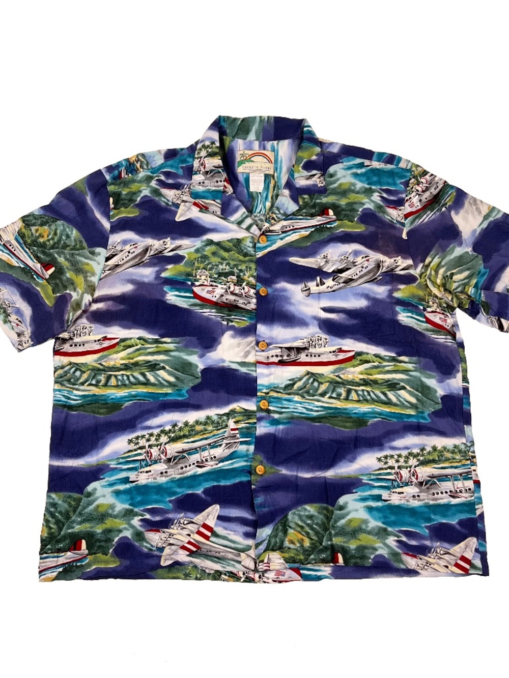 Vintage Paradise Found Airplane Planes Print Rayon Hawaiian Shirt